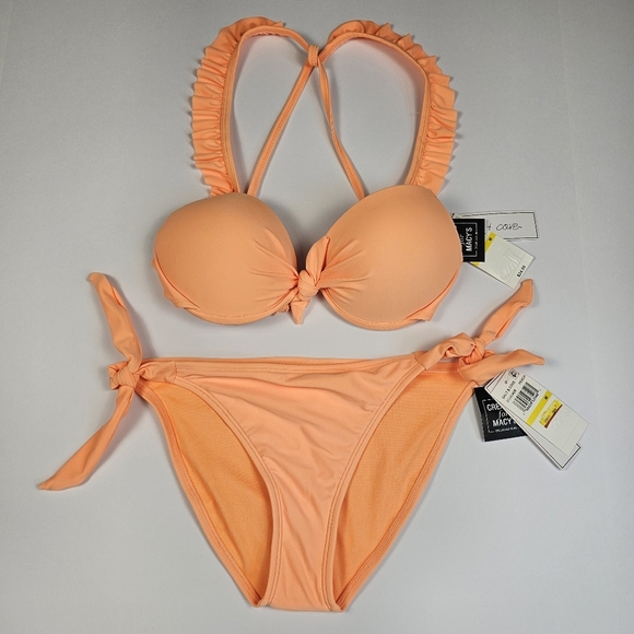 Salt + Cove Women's Juniors' Ruffle Strap & Side Tie Bikini Set Peach Size M - Picture 2 of 16